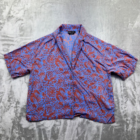 Prana Iguala Camp Shirt Blue Red Floral Bird Print Tencel Modal Blend Size S - Picture 1 of 8